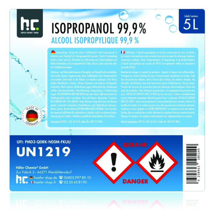 Explications de la bouteille d'alcool isopropylique 5L de la marque Höfer Chemie