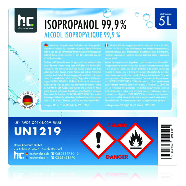 Explications de la bouteille d'alcool isopropylique 5L de la marque Höfer Chemie